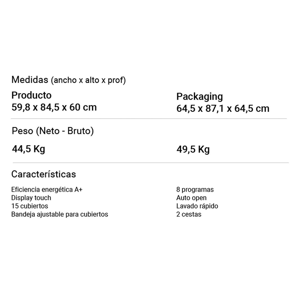 Lavavajillas Vondom LVJ15BLK 60cm 15 Cubiertos Acero Inoxidable Negro